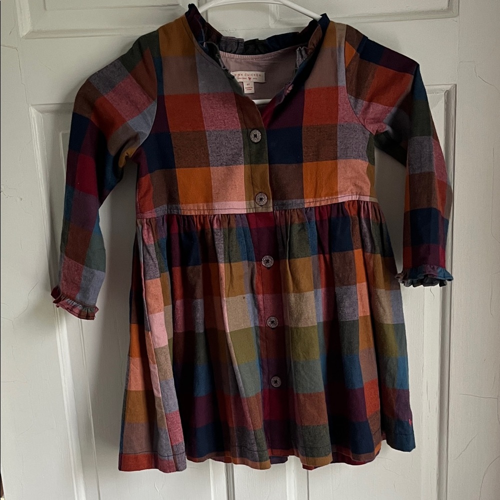 Pink Chicken Multicolor Plaid Button-Front Dress — Rust, Navy & Olive